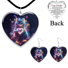 Cat Pattern Glass Pendant Necklace Earring Set For Girl