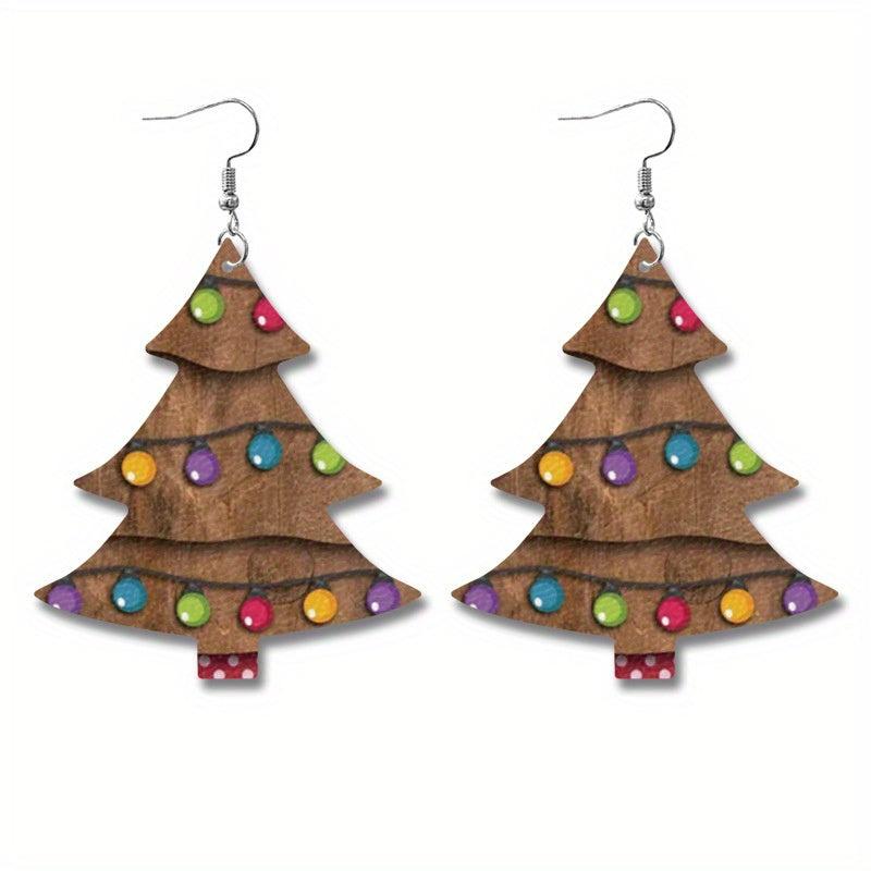 Christmas Tree Print Pu Dangle Earrings Jewelry Gift For Women Girls Mom