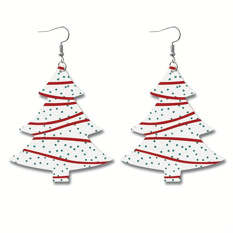 Christmas Tree Print Pu Dangle Earrings Jewelry Gift For Women Girls Mom