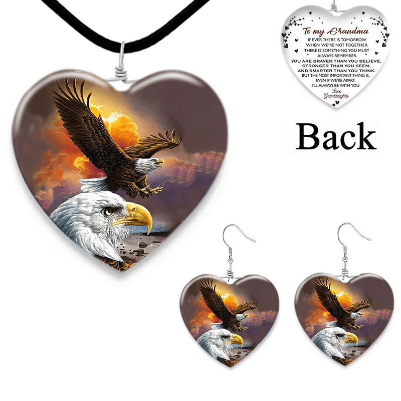 Girls Eagles Heart Glass Pendant Necklace Earrings Set