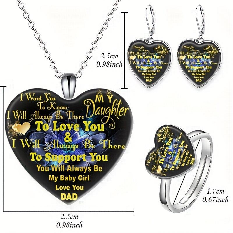 English Crystal Heart Pendant Jewelry Set - 4pcs