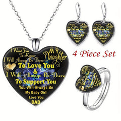 English Crystal Heart Pendant Jewelry Set - 4pcs