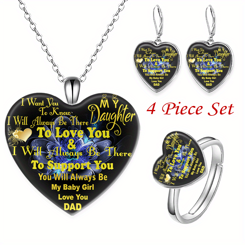 English Crystal Heart Pendant Jewelry Set - 4pcs