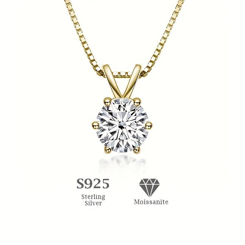 Classic 6-Prong Moissanite Necklace, Sterling Silver, Golden Plated Pendant
