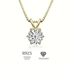 Classic 6-Prong Moissanite Necklace, Sterling Silver, Golden Plated Pendant