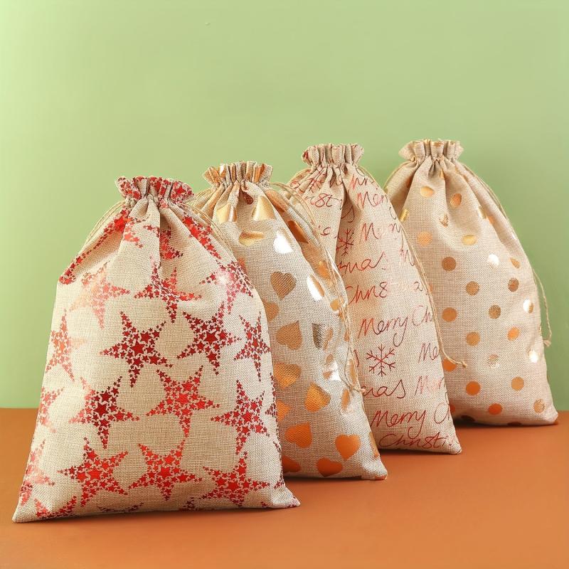 Christmas Bronzing Burlap Gift Bag Large Drawstring Gift Bag