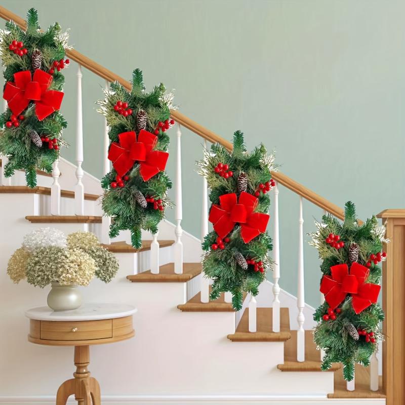 Red Rattan Bow Christmas Wreath Decoration