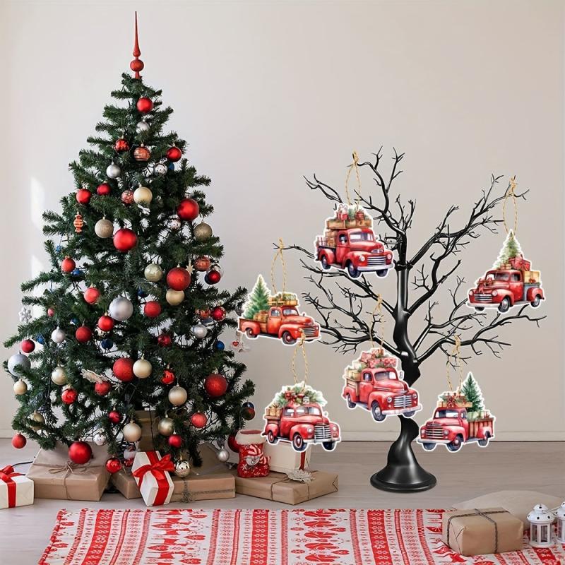 6pcs Red Truck Cardboard Ornaments for Xmas Tree Decor