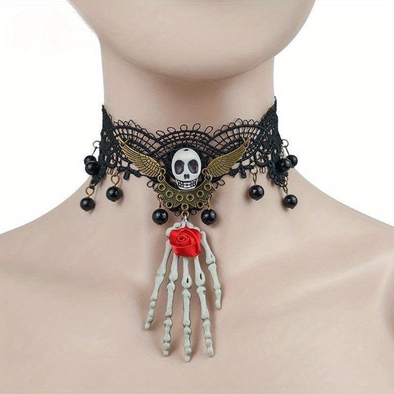 Halloween Lace Necklace Skull Rose Handwoven Skin-Friendly Material