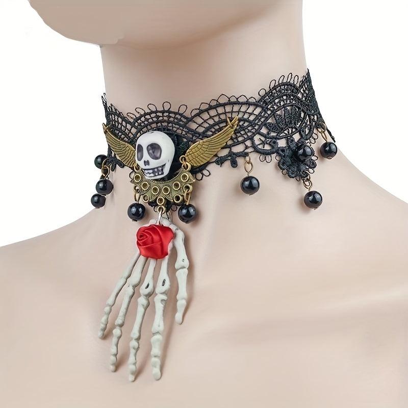 Halloween Lace Necklace Skull Rose Handwoven Skin-Friendly Material
