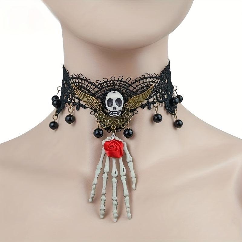 Halloween Lace Necklace Skull Rose Handwoven Skin-Friendly Material