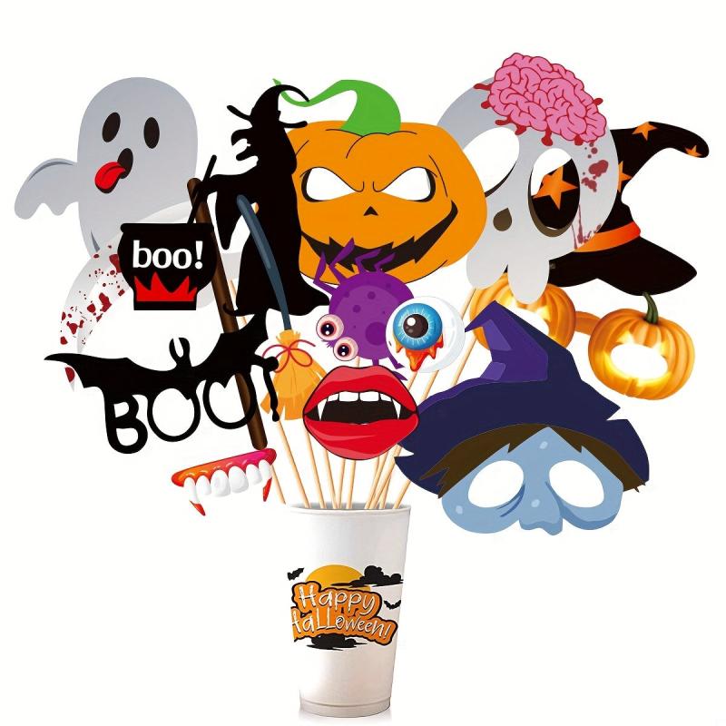27pcs Halloween Party Supplies Decoration Card Masks Pumpkin Photo Booth Props