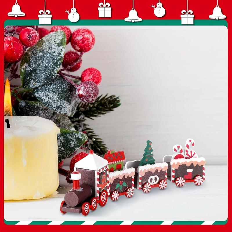 Christmas Wooden Train Ornaments Set with Snowman Reindeer Figurine Decor