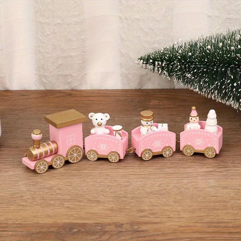 Christmas Wooden Train Ornaments Set with Snowman Reindeer Figurine Decor