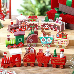 Christmas Wooden Train Ornaments Set with Snowman Reindeer Figurine Decor