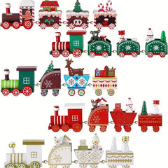 Christmas Wooden Train Ornaments Set with Snowman Reindeer Figurine Decor