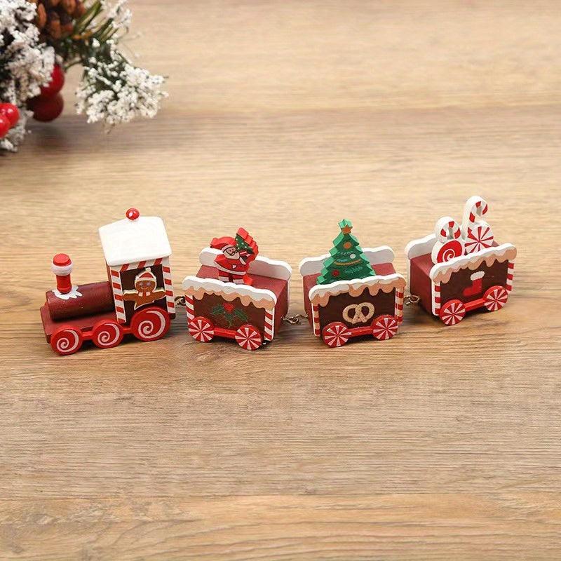Christmas Wooden Train Ornaments Set with Snowman Reindeer Figurine Decor