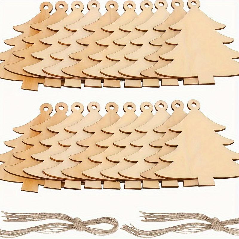 20pcs Wooden Christmas Tree Ornaments with Rope for Crafts Decorations