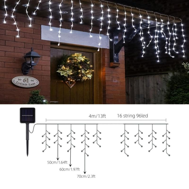 LED Solar Icicle String Lights 13ft 4m 96LEDs Waterproof Curtain Lights