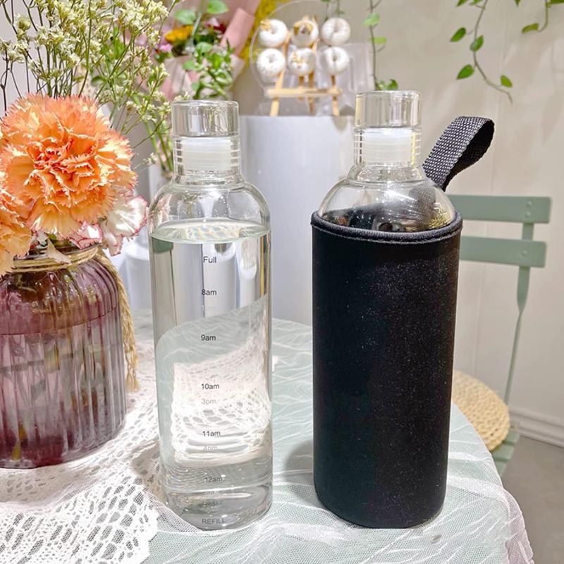 Glass Water Bottle Time Marker Reusable Milk Juice Drinking Bottle
