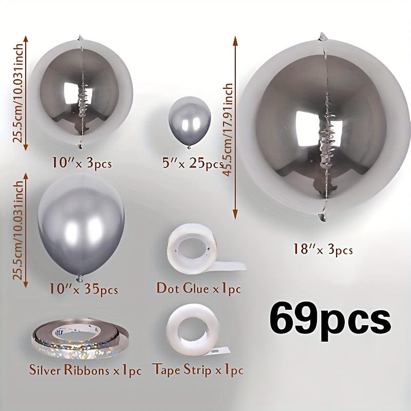 69pcs Silver Metal Balloons for Festive Party Decorations & Arches