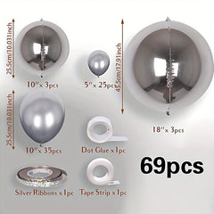 69pcs Silver Metal Balloons for Festive Party Decorations & Arches