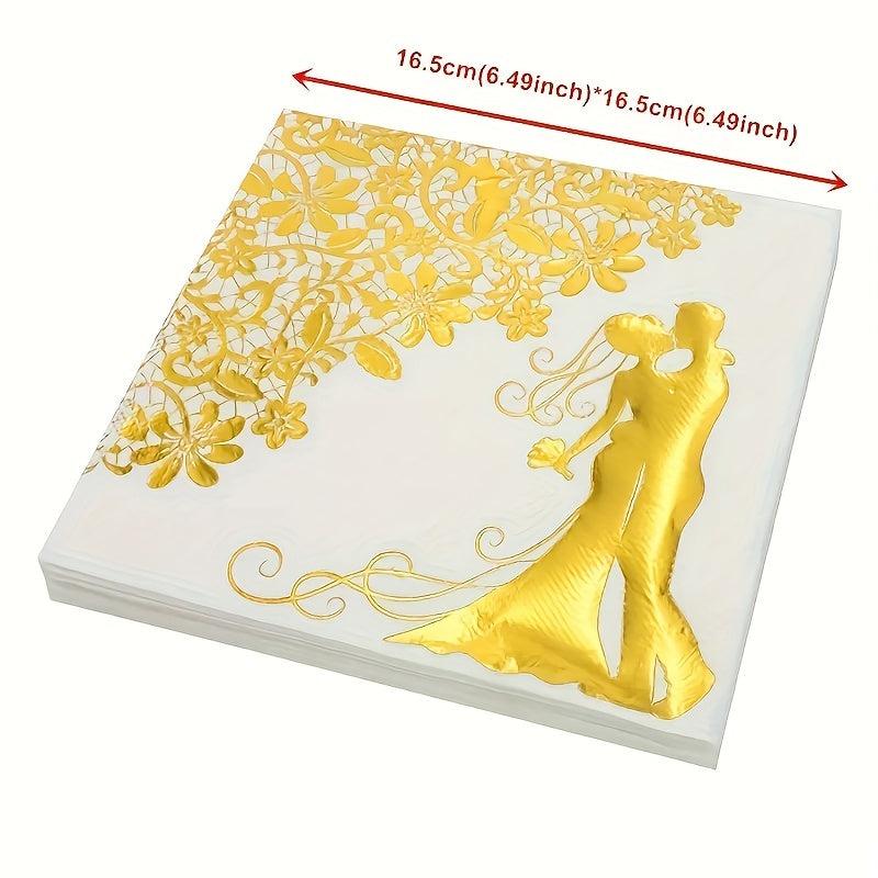20pcs Golden Bride & Groom Napkins for Wedding Receptions, Showers & Parties