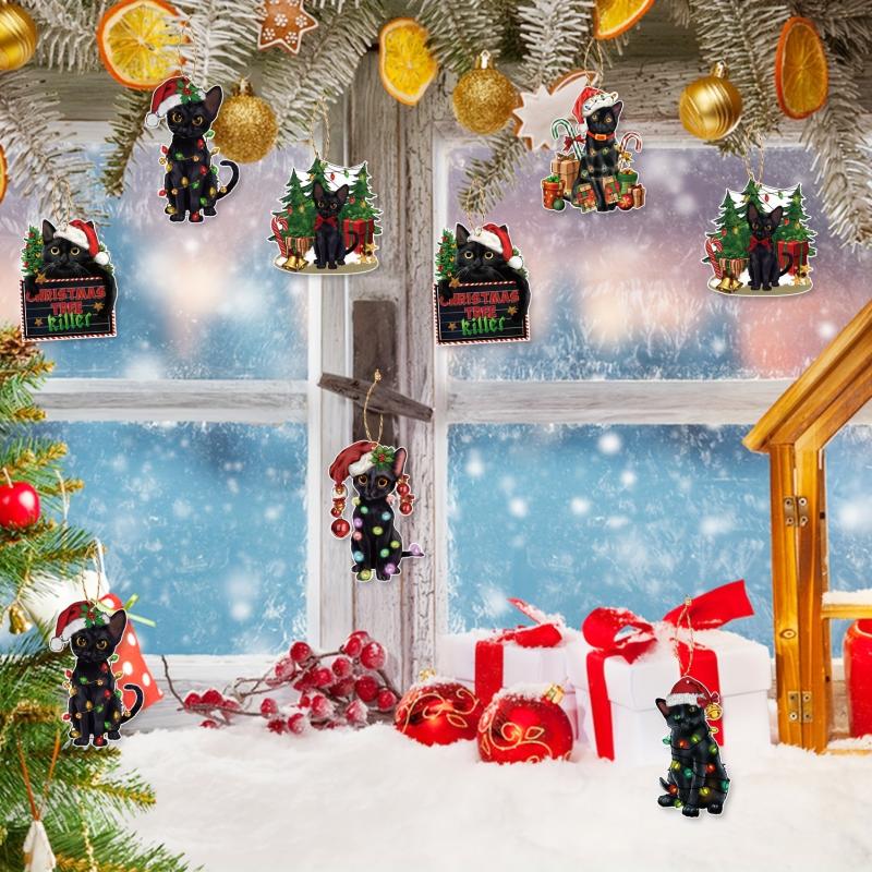 12pcs Christmas Cat Hanging Card Tree Pendant Double Sided Print
