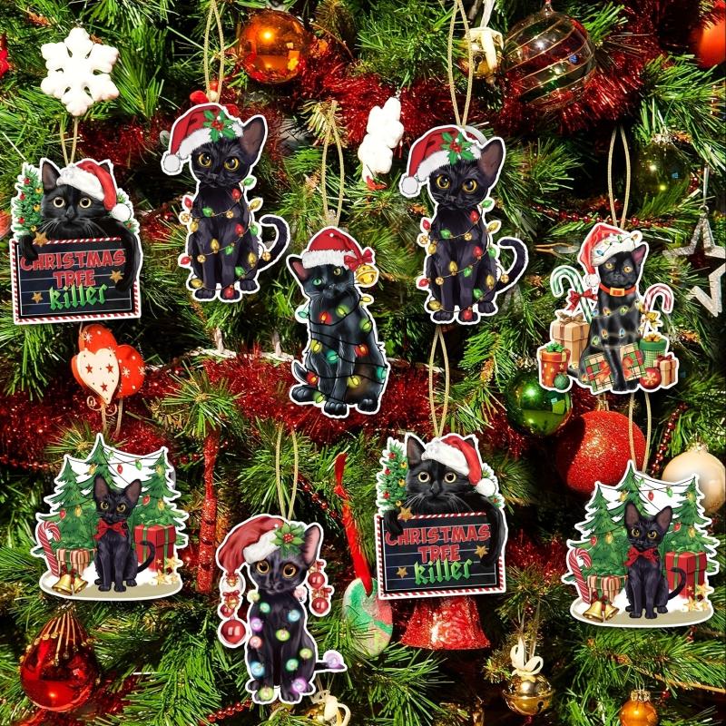 12pcs Christmas Cat Hanging Card Tree Pendant Double Sided Print