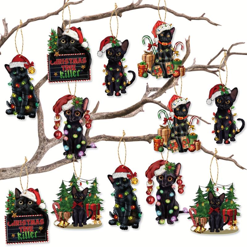12pcs Christmas Cat Hanging Card Tree Pendant Double Sided Print