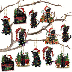 12pcs Christmas Cat Hanging Card Tree Pendant Double Sided Print
