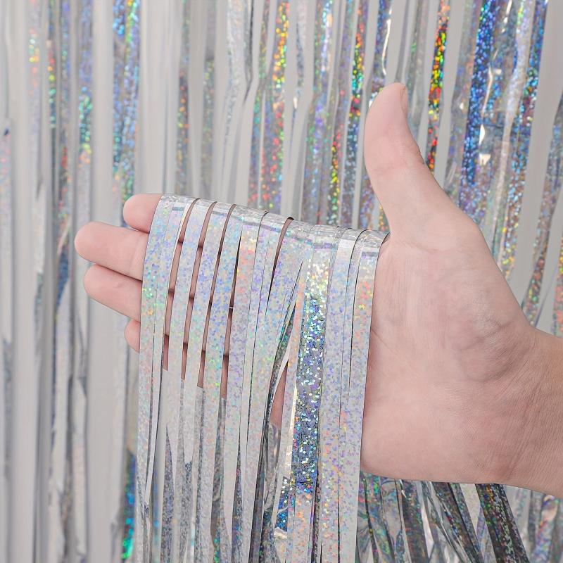 3 Pack Laser Silvery Foil Fringe Backdrop Curtains for Parties