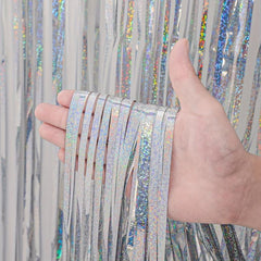 3 Pack Laser Silvery Foil Fringe Backdrop Curtains for Parties
