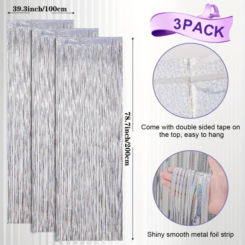3 Pack Laser Silvery Foil Fringe Backdrop Curtains for Parties