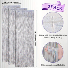 3 Pack Laser Silvery Foil Fringe Backdrop Curtains for Parties