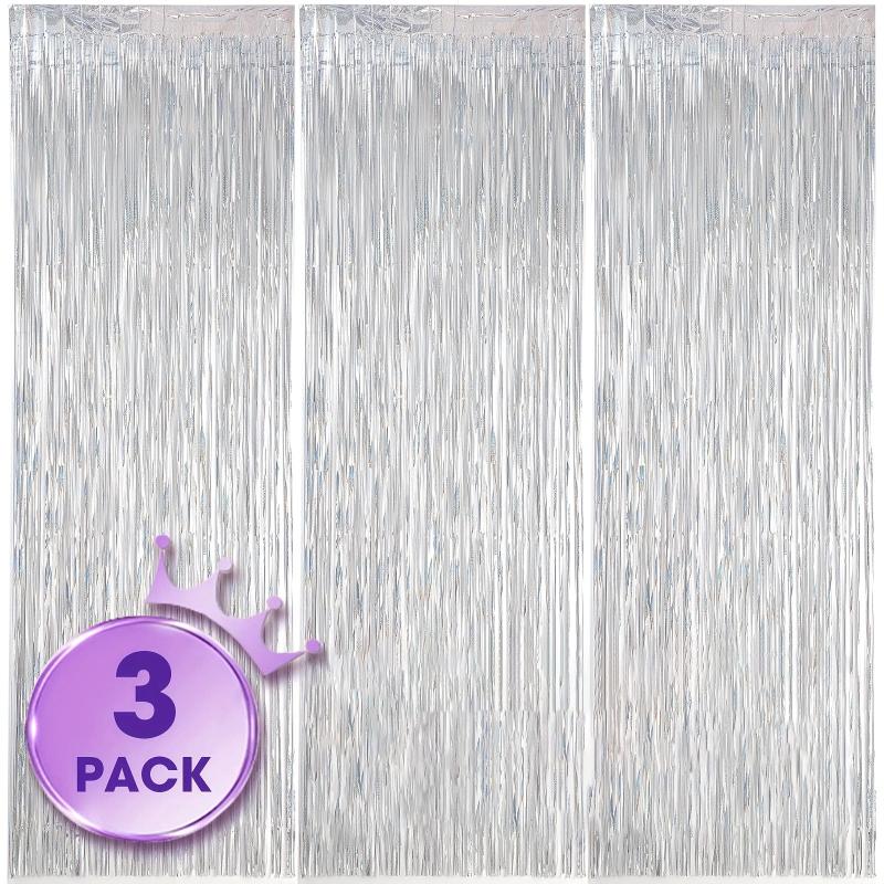 3 Pack Laser Silvery Foil Fringe Backdrop Curtains for Parties