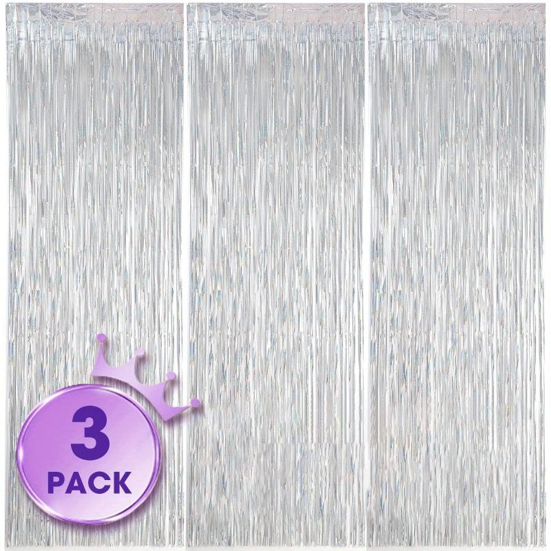 3 Pack Laser Silvery Foil Fringe Backdrop Curtains for Parties