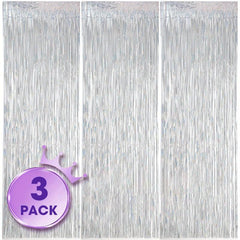 3 Pack Laser Silvery Foil Fringe Backdrop Curtains for Parties