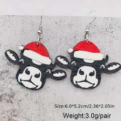 Retro Pink Santa Claus Dangle Earrings Cow Carton Christmas Earrings