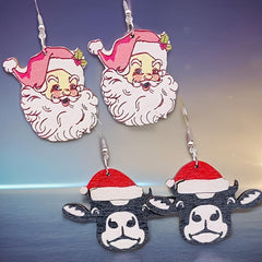 Retro Pink Santa Claus Dangle Earrings Cow Carton Christmas Earrings