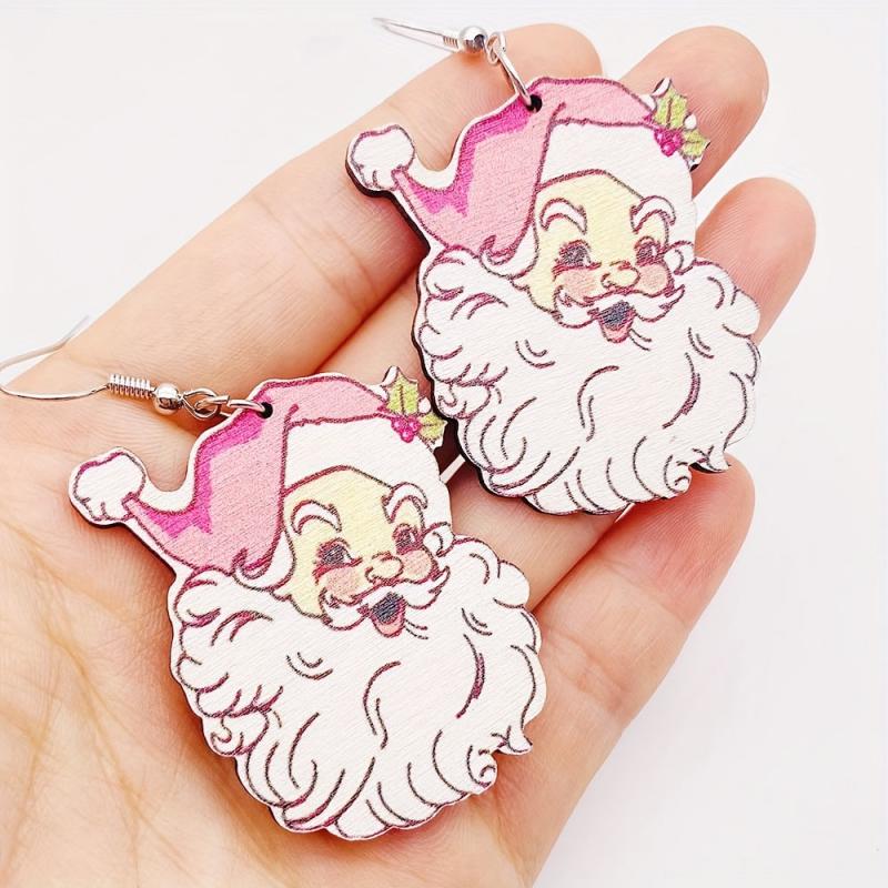 Retro Pink Santa Claus Dangle Earrings Cow Carton Christmas Earrings