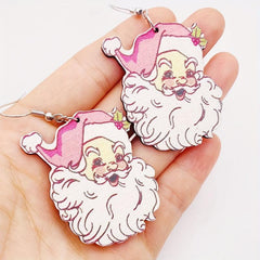 Retro Pink Santa Claus Dangle Earrings Cow Carton Christmas Earrings