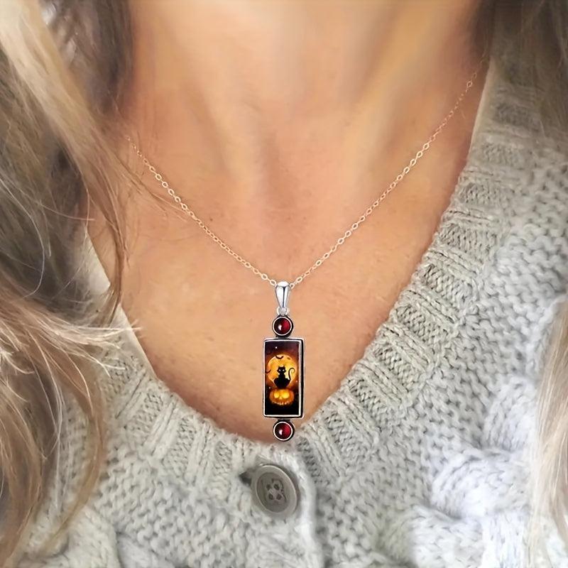 Vintage Pumpkin & Cat Pendant Necklace Party Jewelry