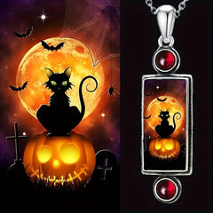 Vintage Pumpkin & Cat Pendant Necklace Party Jewelry