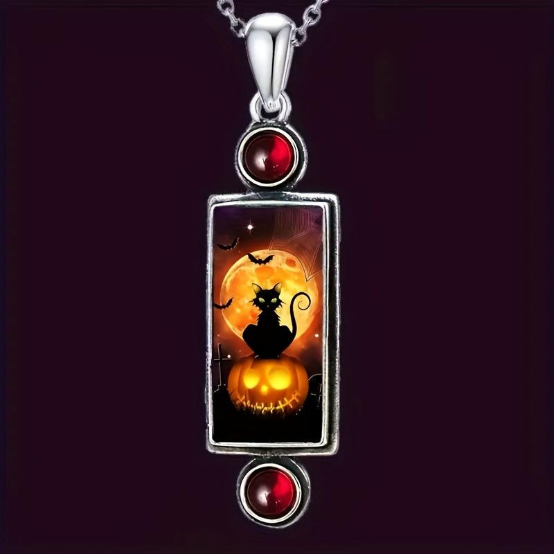 Vintage Pumpkin & Cat Pendant Necklace Party Jewelry
