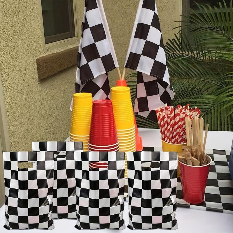 10pcs Racing Car Theme Party Favors Bags With Handles And Plaid Treat Candy Bags
