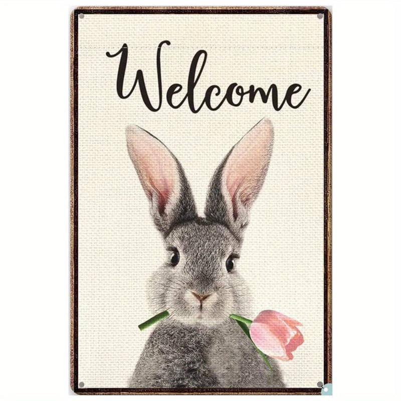 Retro Tin Sign Welcome Rabbit Spring Easter Bunny Tulip Metal Signs Wall Decor