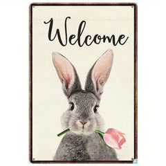 Retro Tin Sign Welcome Rabbit Spring Easter Bunny Tulip Metal Signs Wall Decor