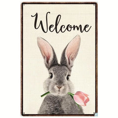 Retro Tin Sign Welcome Rabbit Spring Easter Bunny Tulip Metal Signs Wall Decor