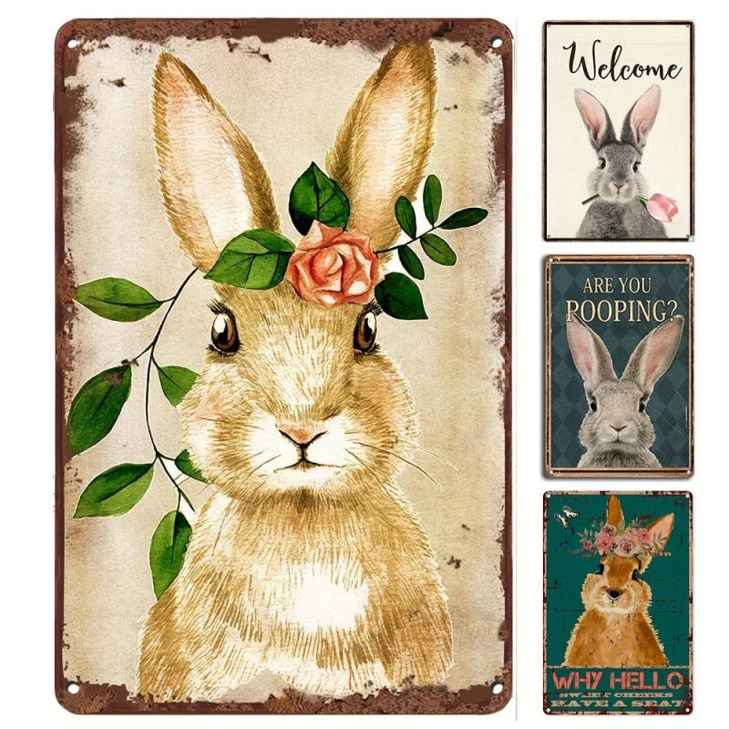 Retro Tin Sign Welcome Rabbit Spring Easter Bunny Tulip Metal Signs Wall Decor